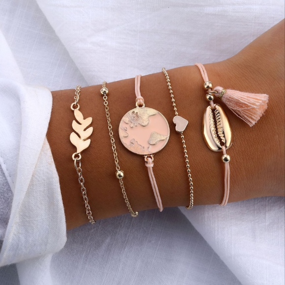 Jewelry - 'Pink Earth' Shell & Tassel 6-Piece Bracelet Set